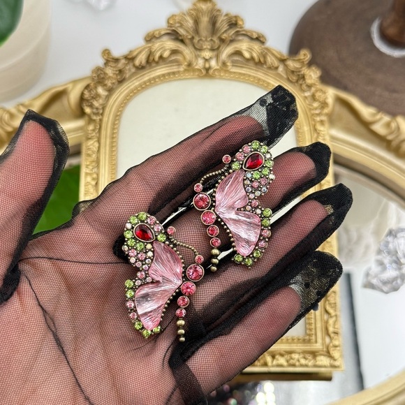 Anthropologie Jewelry - Vintage Butterfly Statement Earrings - Pink, Green & Red Crystal Accents